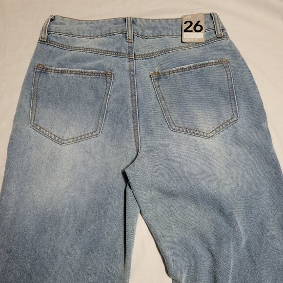 New High Rise Straight Leg Distressed Jeans Slim Fit Recycled Repreve Raw Hem 26 - Picture 4 of 10